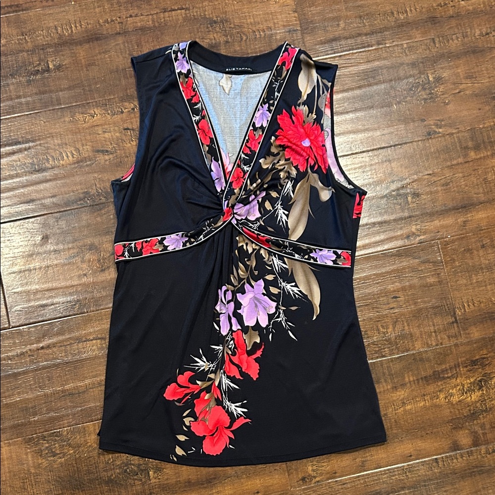 Elie Tahari Black Tank Top with Red and Purple Floral Design